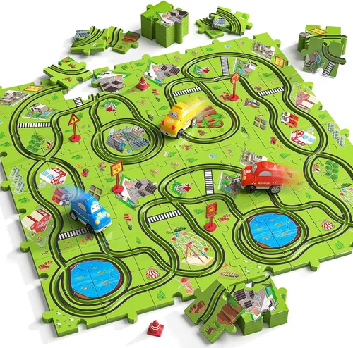 Miniatura 9 de JUKUDAHU Juego de 64 Piezas de Pista de Carreras de Rompecabezas con Coches de Juguete para Niños de 3 4 5 6 Años - Pistas de Rompecabezas