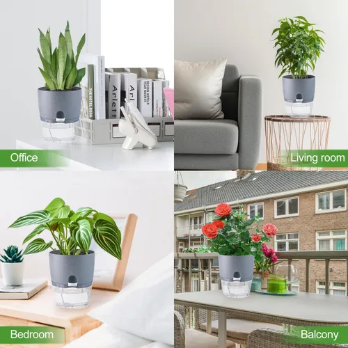 Miniatura 7 de Oliz - Macetas de 6 pulgadas con riego automático para plantas de interior, juego de 6 macetas de plástico gris con agujeros de drenaje