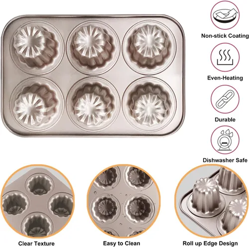 Miniatura 4 de Molde de canele antiadherente para magdalenas, molde de acero al carbono, bandeja para hornear pasteles franceses, 6 tazas para hacer mini pan