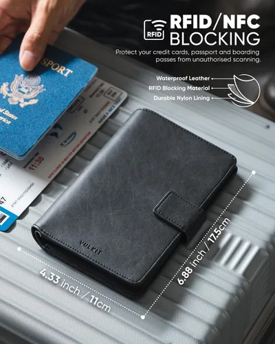 Miniatura 3 de VULKIT Cartera de pasaporte compatible con Airtag Holder Bifold Travel Card Holder, Negro