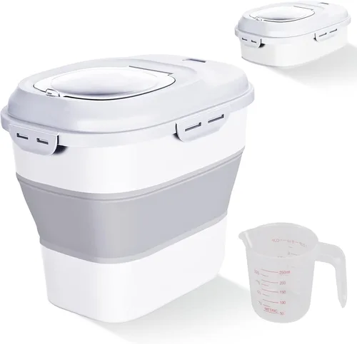 Miniatura 7 de Recipientes de almacenamiento de alimentos de arroz de cereales, contenedor dispensador plegable de 20 a 50 libras con rueda rodante, tapa