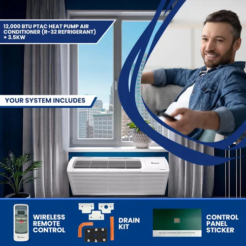 Miniatura 4 de Klimaire Bomba de calor PTAC R-32 de aire acondicionado de 12,000 BTU con control remoto y calentador eléctrico de 3,5 kW -230V