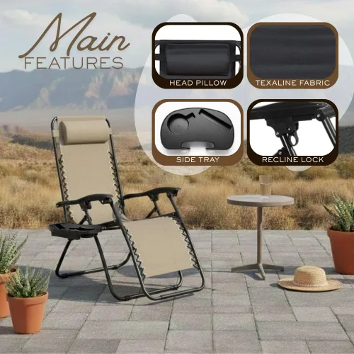 Miniatura 5 de Sillón ajustable de gravedad cero con tela de malla de acero: silla de césped reclinable con almohada cómoda, bandeja portavasos, y posiciones Beige