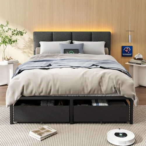 Miniatura 5 de Furnulem Marco de Cama Queen con Cabecera Ajustable, Cama Tapizada con 2 Cajones de Almacenamiento, Estación de Carga USB Integrada y Luces LED, Gris