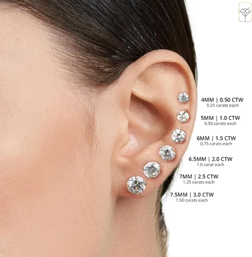 Miniatura 4 de Aretes de oro de 14 quilates para mujeres y hombres con cristal redondo genuino, aretes de circonita cúbica con dorso de oro 0.5-3.0 quilates por