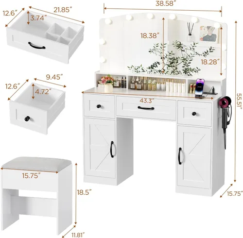Miniatura 3 de ERLEJIA Escritorio de tocador de granja con espejo y luces, taburete y toma de corriente, 43.3 pulgadas, grande, 3 modos de luces LED, mesa de Yueji