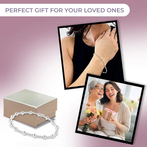 Miniatura 6 de Compra pulseras de plata de ley 925 LC para mujer, pulseras elásticas de plata de ley con cuentas de estación de bolas, joyería elástica