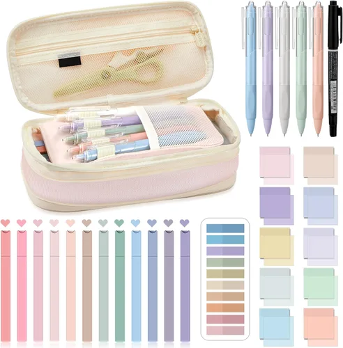 Jutom Kit de Anotar Libros Estético de 39 Piezas con Estuche de Lápices, Marcador, Estuche Transparente, Notas Adhesivas, Gel, Bolígrafo, Rosa