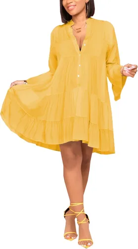 FairyLove Women's Casual V Neck Dress Long Sleeve Flowy Babydoll Swing Ruffle Dress