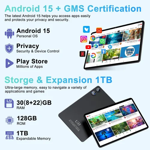 Miniatura 3 de Tableta de 10 pulgadas Android 15 con 30 GB de RAM 128 GB de ROM 1 TB de expansión, Tablets de 8000 mAh Octa-Core con teclado y ratón, pantalla HD