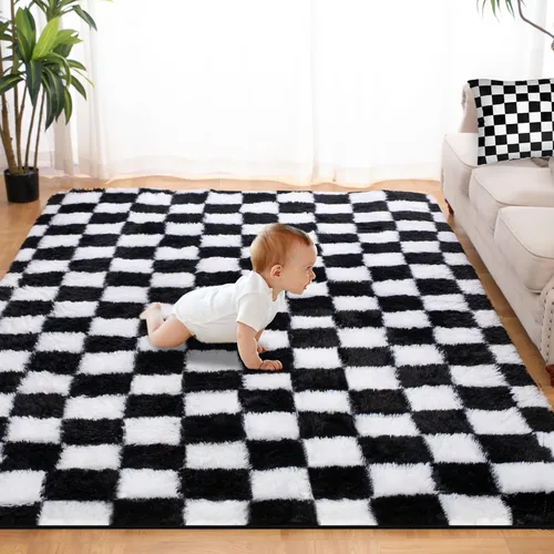 Miniatura 27 de Alfombra de área súper suave en blanco y negro, de 5 x 7 pies, alfombra clásica a cuadros de pelo alto mullida para dormitorio, sala de estar, Negro