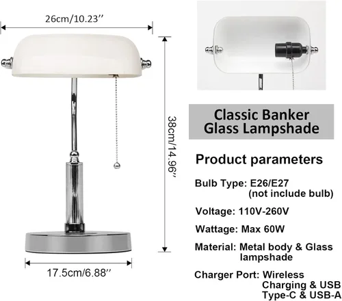 Miniatura 2 de FIRVRE Lámpara de Escritorio de Banquero, Lámpara de Mesa de Vidrio Blanco con Cargador Inalámbrico y Puerto de Carga 2USB, Lámpara con Interruptor