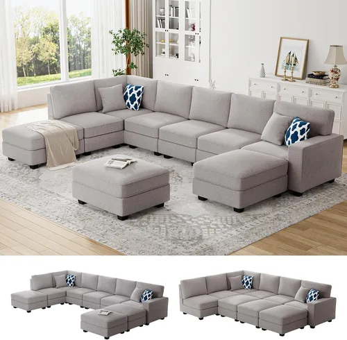 Miniatura 40 de Legend Vansen - Sofá modular seccional en forma de U con otomano, moderno, reversible, de esquina, para sala de estar (Créma, Sofá en forma de U-3)