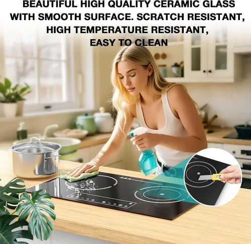 Miniatura 7 de Cocina eléctrica, 110 V, 2400 W, 2 quemadores, encimera y estufa integrada con 9 niveles de potencia, bloqueo de seguridad para niños, temporizador