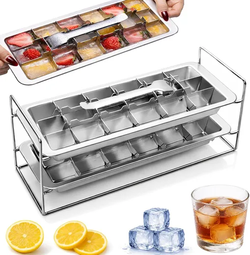 Miniatura 8 de Bandejas de Cubitos de Hielo de Acero Inoxidable, Bandejas de Cubitos de Hielo de Metal para Congelador Diseño de Inspiración Vintage con Palanca