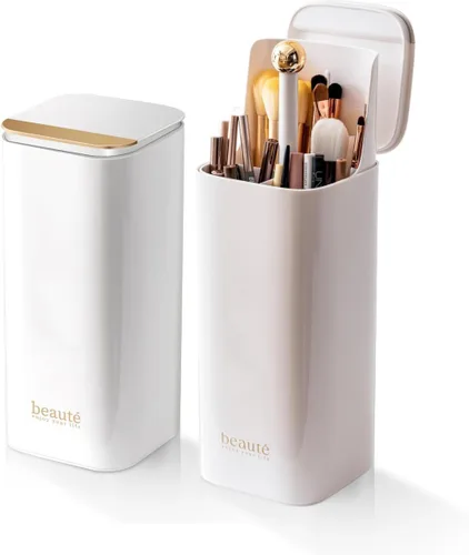 Miniatura 7 de Organizador de brochas de maquillaje mejorado con tapa, organizador de brochas de maquillaje a prueba de polvo con 4 compartimentos para tocador