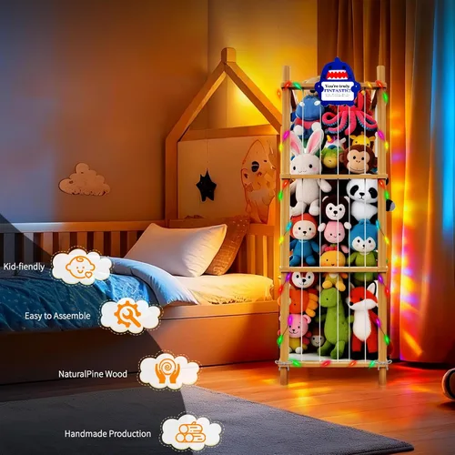 Miniatura 4 de Organizador grande de almacenamiento de animales de peluche y juguetes, 3 capas de 54 pulgadas de madera, lindo soporte de juguetes de zoológico