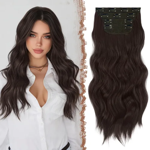 Miniatura 10 de FESHFEN Extensiones de cabello con clip - 4 piezas Extensiones de cabello sintético ondulado largo y grueso con clip para cabeza completa