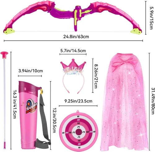 Miniatura 6 de Arco y flecha para niños, juego de tiro con arco con luz LED con capa de princesa y corona, 10 flechas de ventosa, objetivo y carcajes, juguete al