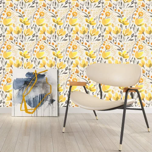 Miniatura 3 de Papel tapiz autoadhesivo Kapok de flores frescas amarillas, autoadhesivas, para despegar y pegar, removible, acuarela, sin costuras, prepegado