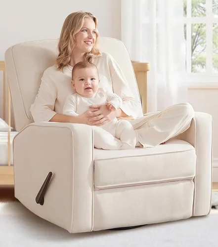Miniatura 7 de Tbfit Silla reclinable giratoria de 360°, mecedora de guardería con soporte lumbar para dormitorio, cómodo sillón tapizado con almohadas y Beige