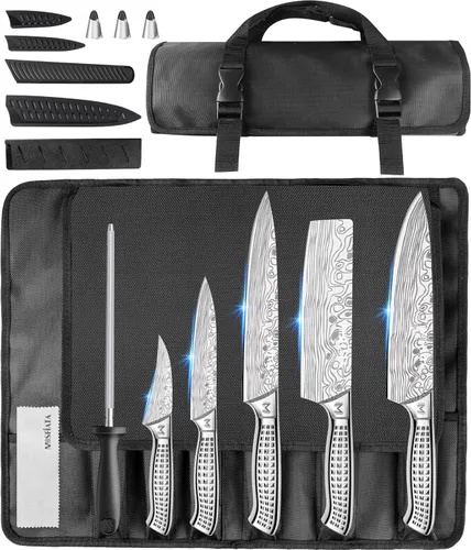 Miniatura 16 de MOSFiATA Juego de 6 cuchillos, juego de cuchillos japoneses de acero inoxidable para cocina con bolsa de almacenamiento de tela Oxford, apto