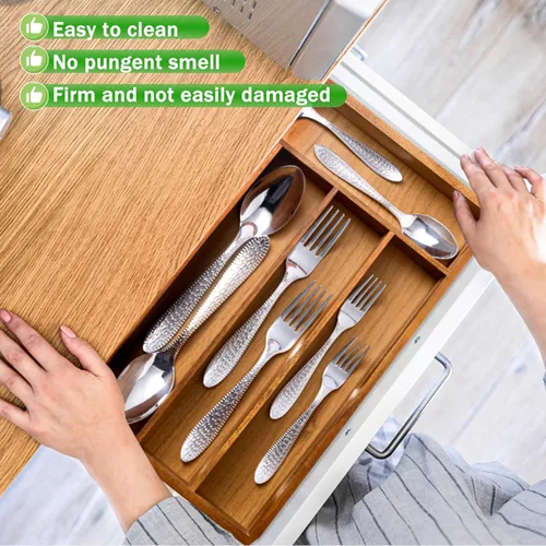 Miniatura 3 de Greenual Organizador de cubiertos de madera de acacia de 10 pulgadas, organizador de utensilios de cocina, bandeja para cajón y cubiertos