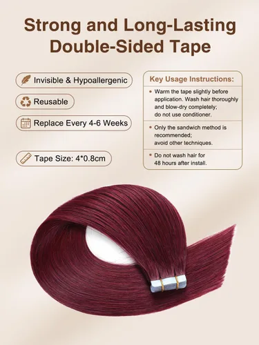 Miniatura 4 de YILITE Extensiones de cabello adhesivas de color rojo, 18 pulgadas, 50 g, 20 unidades, #99J, 100% cabello humano Remy, trama de piel sin costuras
