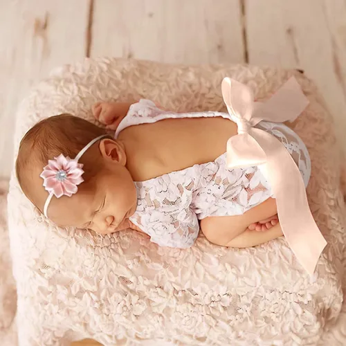 Miniatura 2 de 4 piezas de accesorios de fotografía para recién nacidos, tutú para bebé, lindo lazo para el pelo y mameluco de encaje, diadema de flores para bebés