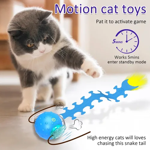 Miniatura 3 de Giociv Pelota interactiva de juguetes para gatos de interior rodando rápidamente en alfombra, chirridos y activan el movimiento (ciempiés azul)