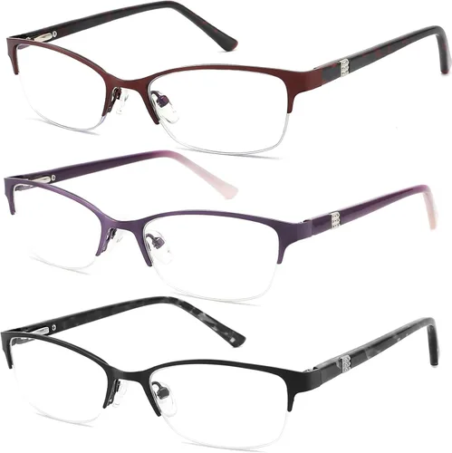 Paquete de 3 lentes de lectura para mujer, bloqueo de luz azul, medio marco ovalado de metal, para mujer, con bisagra de resorte, anti rayos azules,