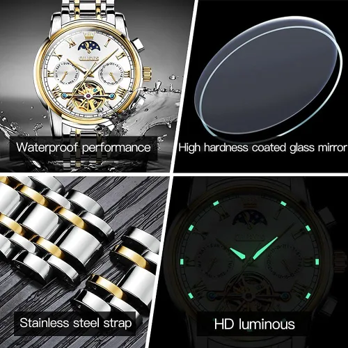 Miniatura 6 de OLEVS Relojes automáticos para hombre diseño de esqueleto Tourbillon cuerda automática reloj de pulsera de lujo fase lunar fecha impermeable
