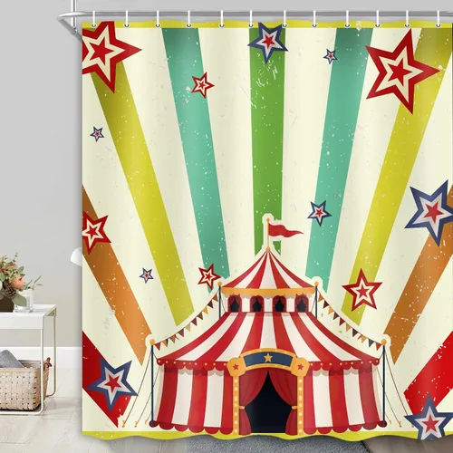 Vintage Circus Tent Shower Curtain，carnival Retro Colorful Star Radial Stripe Bath Curtain，waterproof Washable Polyester Fabric for Halloween Party,