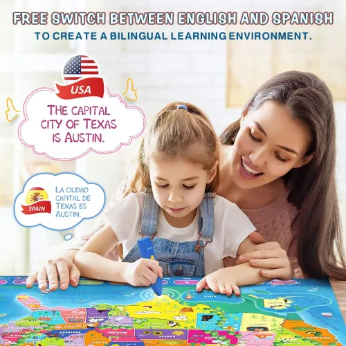 Miniatura 2 de Qiaojoy Bilingüe interactivo para niños que hablan de Estados Unidos mapa para aprendizaje de niños, juegos de geografía, mapa electrónico