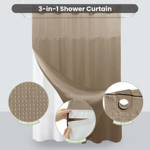 Miniatura 2 de Inhousolu - Cortina de ducha sin gancho con juego de forro de tela a presión, tejido waffle 230 GSM dobladillo con peso, impermeable y lavable