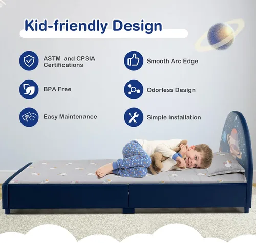 Miniatura 6 de Costzon Base de cama individual para niños, plataforma de cama individual tapizada de madera con soporte de listones, cabecera y estribo acolchados