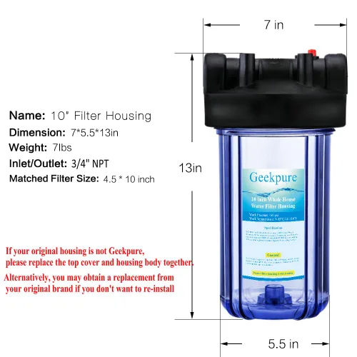 Miniatura 2 de Geekpure Carcasa de filtro de agua para toda la casa de 10 pulgadas, puerto de 3/4 pulgadas con llave y soporte, 4.5 x 10 pulgadas, paquete