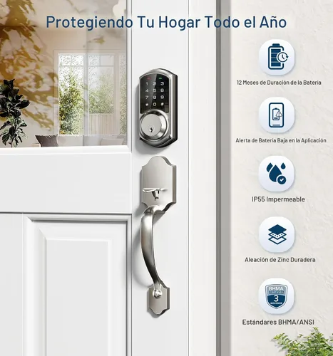 Miniatura 7 de Veise VE06-H - Juego de cerradura inteligente para puerta delantera, control de aplicación, cerrojo de entrada sin llave con manija de palanca
