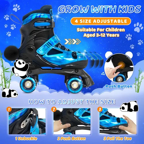 Miniatura 3 de Nattork Patines infantiles para niñas y niños, 4 tamaños ajustables de panda, patines cuádruples con todas las ruedas iluminadas, patines