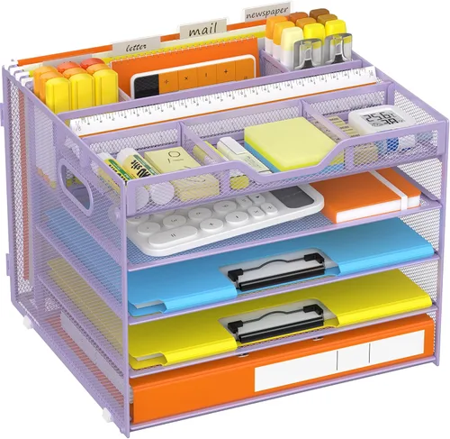 Miniatura 9 de Docnest Organizador de escritorio de malla de 5 niveles, bandeja de cartas con compartimentos ajustables, almacenamiento de escritorio de malla