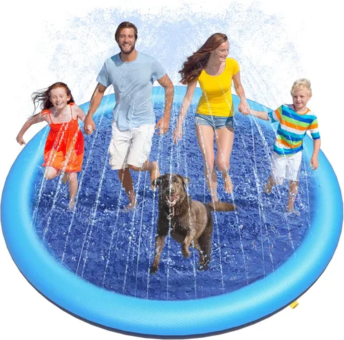 Peteast Alfombrilla grande para salpicaduras para perros, piscina antideslizante con aspersor grueso, azul, 86 pulgadas