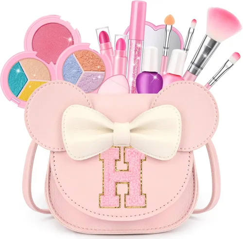 Miniatura 34 de Kit de maquillaje para niñas – Juego de maquillaje lavable real de 15 piezas – Cosmético no tóxico para niños pequeños con bolso de letras – Regalos