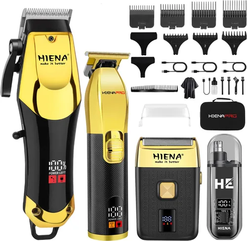 HIENA PRO Juego de cortapelos profesional, kit de peluquero inalámbrico y juego de corte de cabello, afeitadoras eléctricas de aluminio y