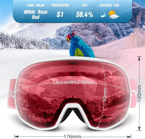 Miniatura 4 de Gafas de esquí para hombres y mujeres con protección UV, lente doble antivaho 09 W-rojo rosa