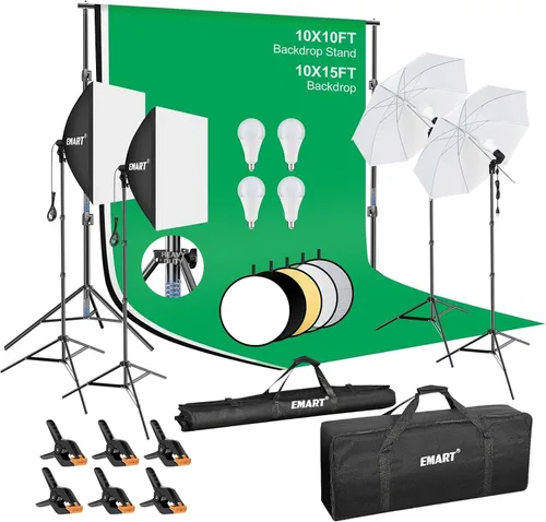Miniatura 12 de EMART Sistema de soporte de telón de fondo de 8.5 x 10 pies, kit de iluminación profesional para fotografía con bombilla LED de 50 W, telón de fondo