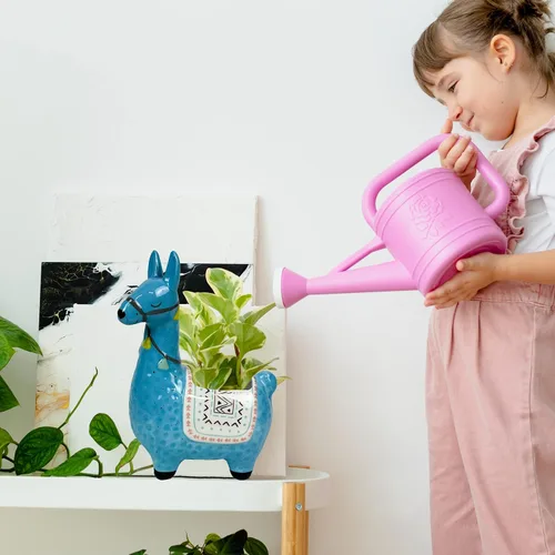 Miniatura 7 de Maceta de llama de cerámica para plantas suculentas, bonita decoración de alpaca para el hogar, oficina, 8 1/2 pulgadas de alto con agujeros de Azul