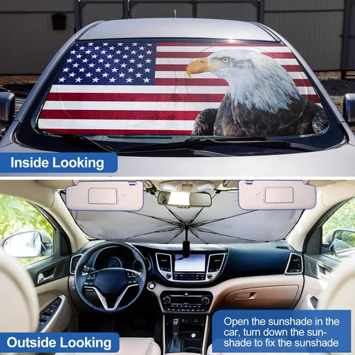 Miniatura 3 de Riakrum Parasol plegable para parabrisas de automóvil, diseño de águila patriótica, bandera estadounidense, protección contra rayos UV, mantiene