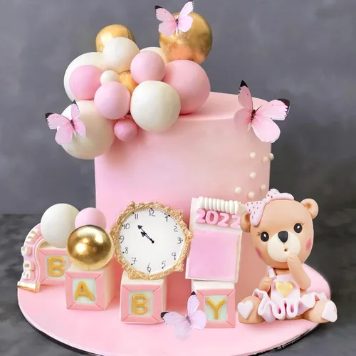 Miniatura 8 de Decoración para tartas de oso, decoración de pastel de oso con letras azules, esferas doradas y azules y blancas de perlas para suministros