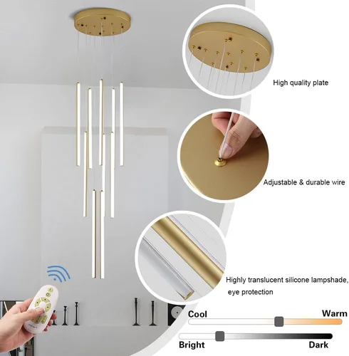 Miniatura 5 de HuisMier Candelabros LED Dorados de 10 Luces, Candelabro Moderno Regulable para Escalera y Techo Alto con Control Remoto, Candelabro Largo