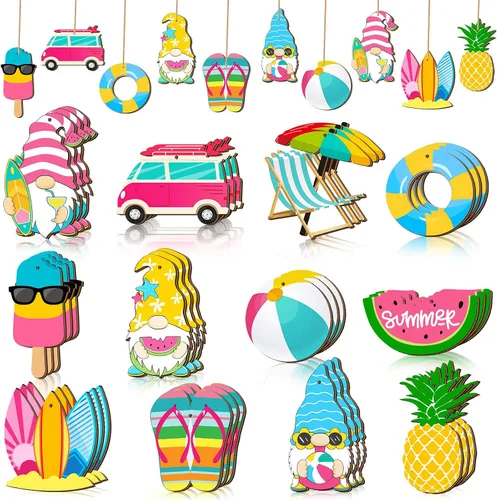 Miniatura 12 de Geelin 36 piezas de adornos colgantes de madera de verano para árbol mini decoración de árbol hawaiano playa colgante de madera con cuerda